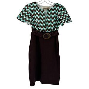 Jennifer Roberts Dress Silk Flutter Sleeve Rhinestone Belted Y2K Teal Brown SZ 4